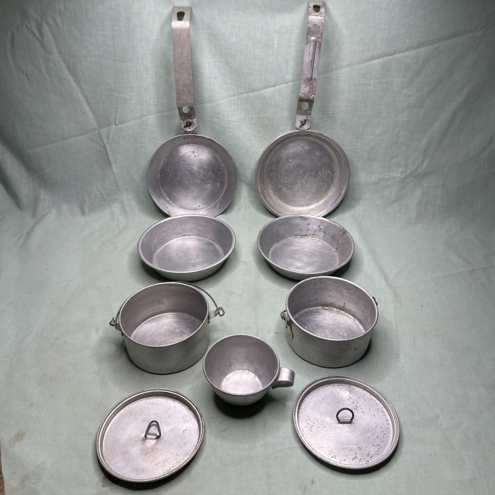 Vintage Aluminum Camping Mess Kit Lot Pots Pans Plates Cup Backpacking Boy Scout